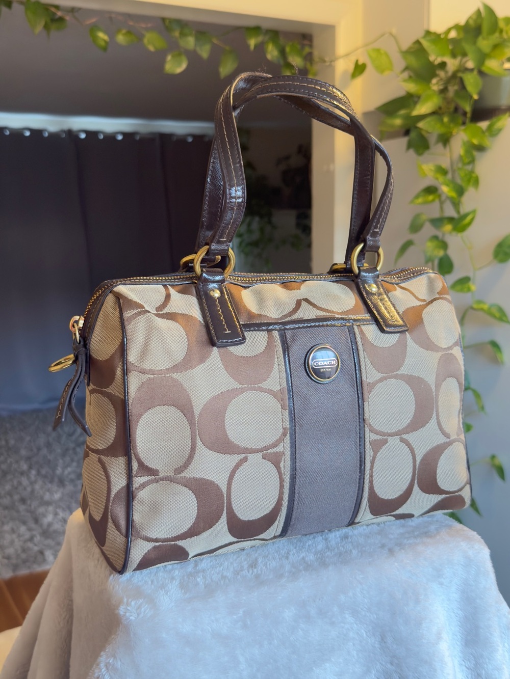 Coach Taylor Khaki Canvas & Mahogany Leather Satchel F24364